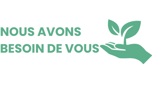 Texte "Nous avons besoin de vous!" avec une main verte à côté